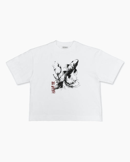 Boxy oversized t-shirt with koi fish print by Shin Seikatsu — Japanese-inspired fashion in Dubai